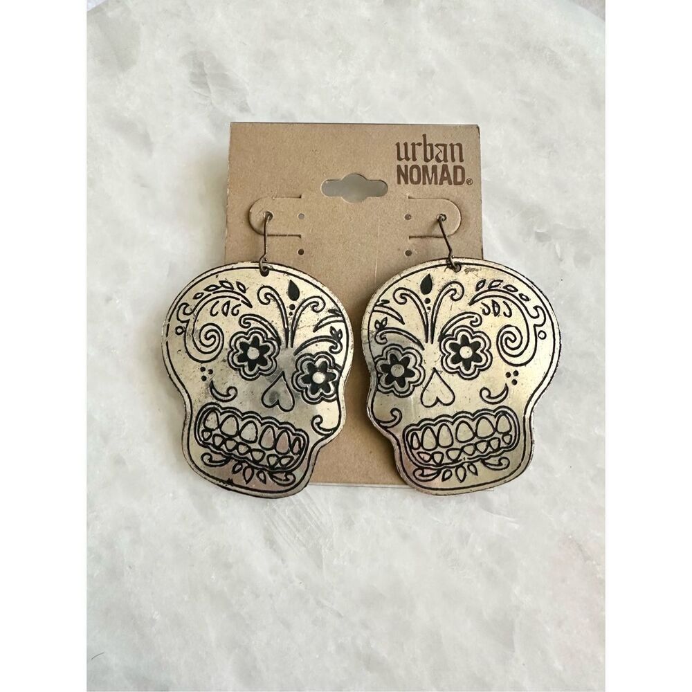 Urban Nomad Sugar Skull Dangle Earrings Silver Tone Festival Boho Halloween